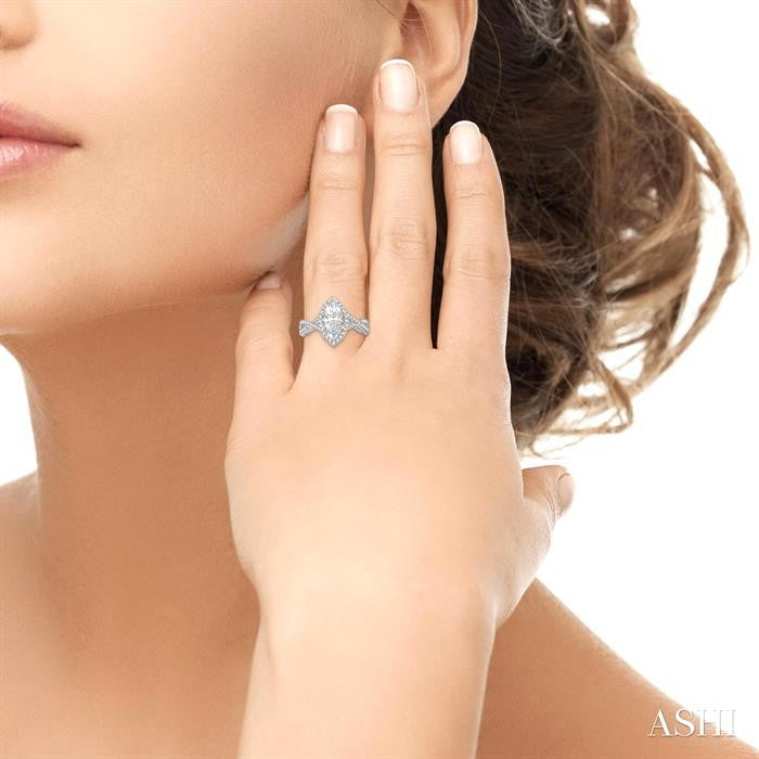 5/8 Ctw Marquise Shape Criss Cross Shank Round Cut Diamond Semi-Mount Engagement Ring in 14K White Gold