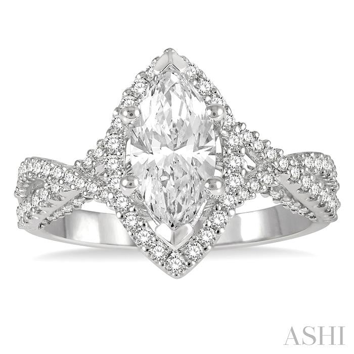 5/8 Ctw Marquise Shape Criss Cross Shank Round Cut Diamond Semi-Mount Engagement Ring in 14K White Gold