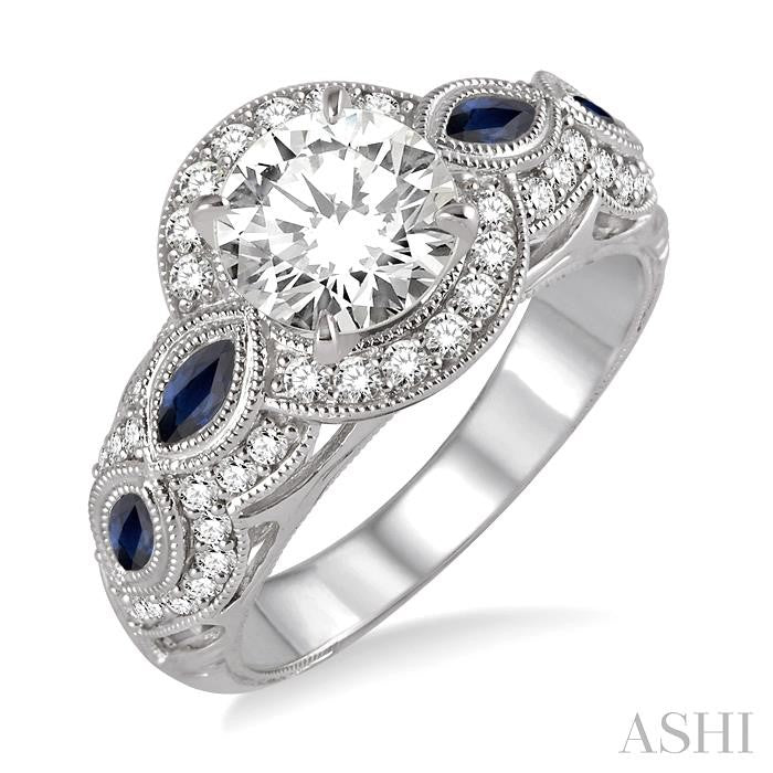 3.8x1.8 MM & 4.1x2.1 MM Marquise Cut Sapphire and 1/2 Ctw Round Cut Diamond Semi-Mount Engagement Ring in 14K White Gold
