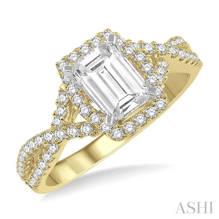 1/2 Ctw Barrel Shape Crossed Shank Semi-Mount Round Cut Diamond Engagement Ring in 14K Yellow and White Gold