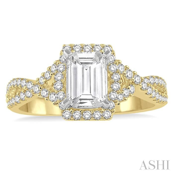 1/2 Ctw Barrel Shape Crossed Shank Semi-Mount Round Cut Diamond Engagement Ring in 14K Yellow and White Gold