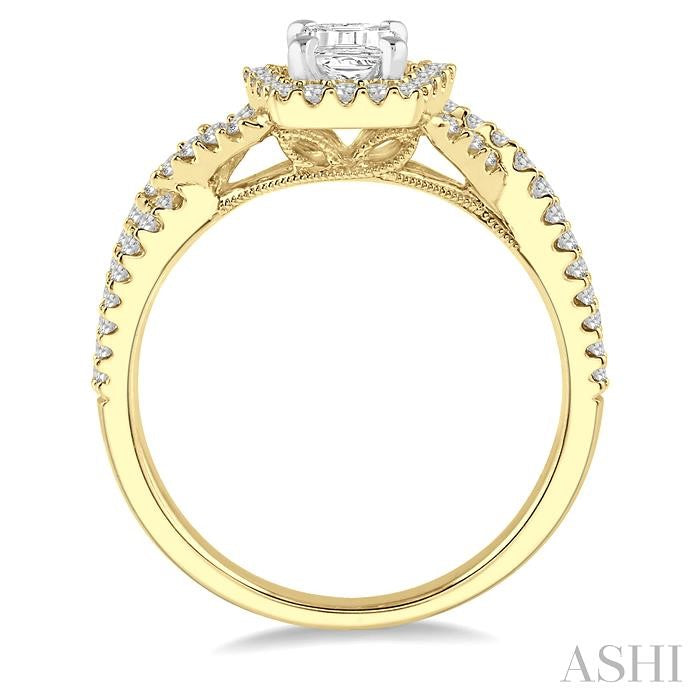 1/2 Ctw Barrel Shape Crossed Shank Semi-Mount Round Cut Diamond Engagement Ring in 14K Yellow and White Gold