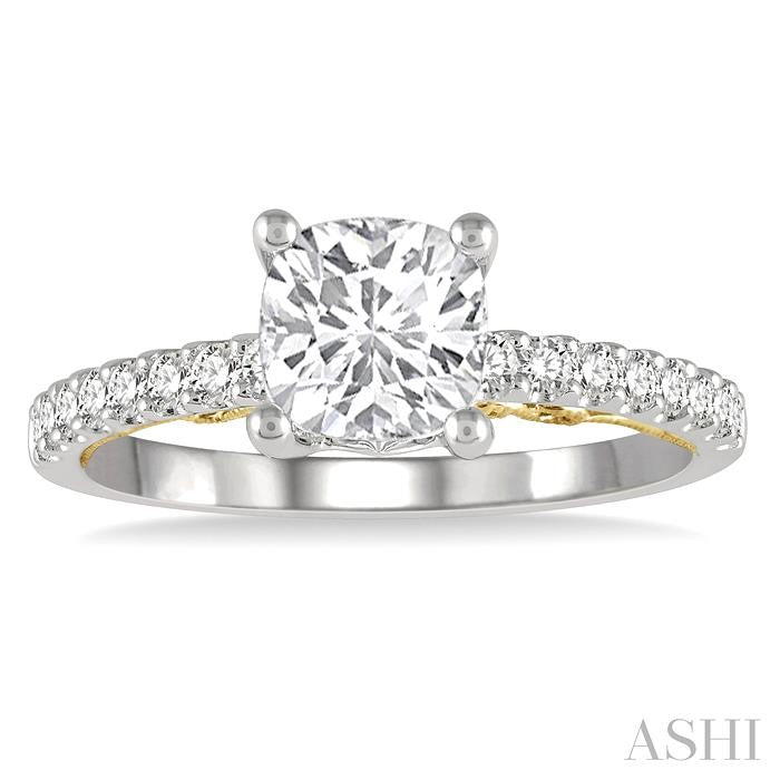 1/4 Ctw Cushion Shape Round Cut Diamond Semi-Mount Engagement Ring in 14K White and Yellow Gold