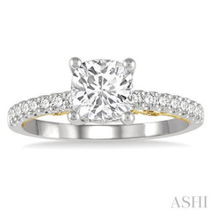 1/4 Ctw Cushion Shape Round Cut Diamond Semi-Mount Engagement Ring in 14K White and Yellow Gold