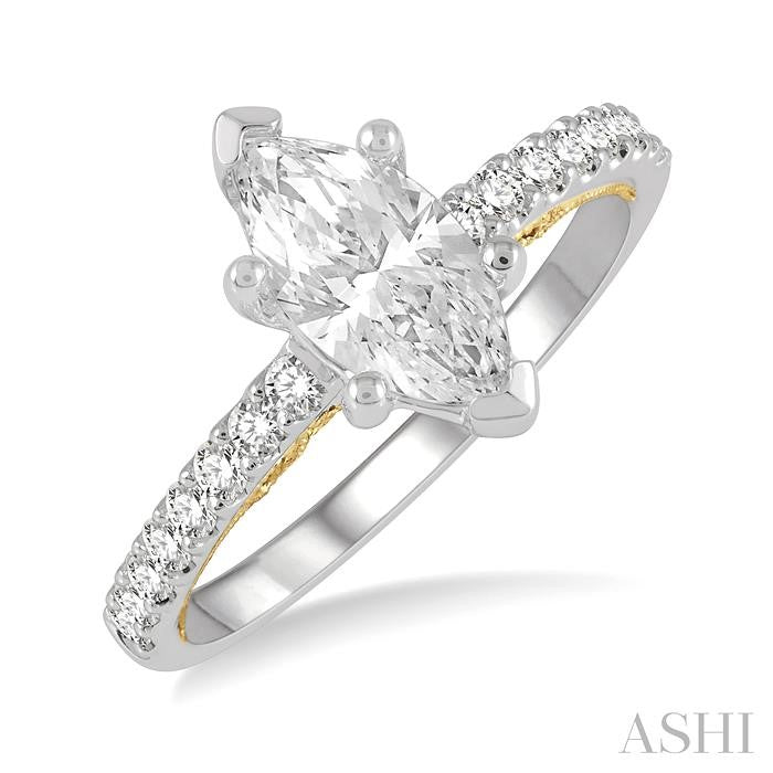 1/4 Ctw Marquise Shape Round Cut Diamond Semi-Mount Engagement Ring in 14K White and Yellow Gold