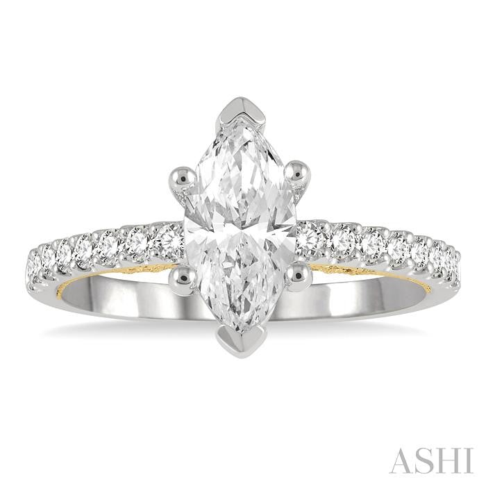 1/4 Ctw Marquise Shape Round Cut Diamond Semi-Mount Engagement Ring in 14K White and Yellow Gold