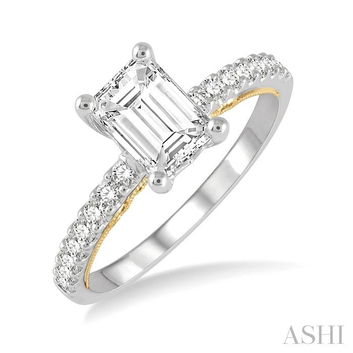 1/4 Ctw Emerald Shape Round Cut Diamond Semi-Mount Engagement Ring in 14K White and Yellow Gold