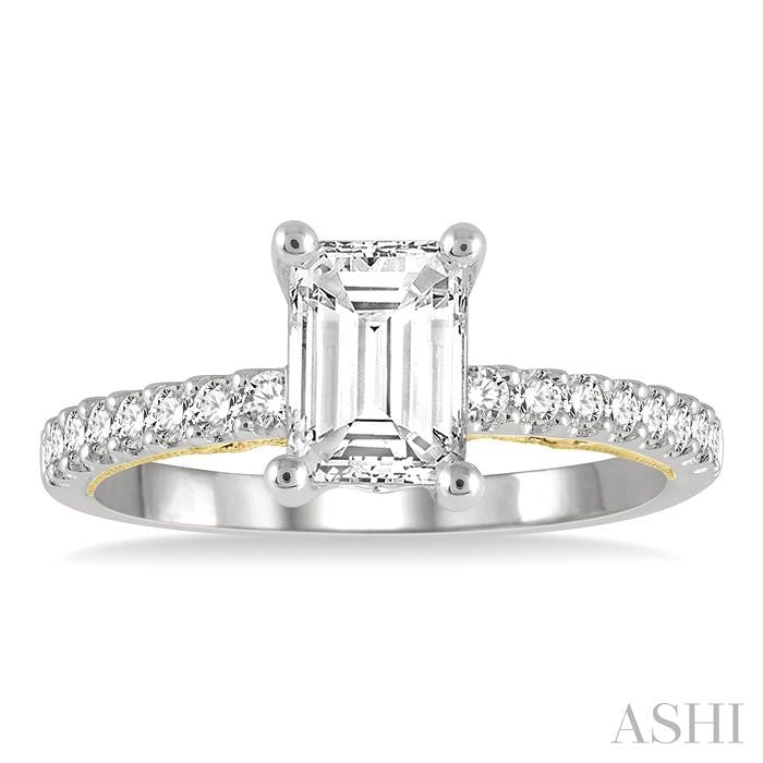 1/4 Ctw Emerald Shape Round Cut Diamond Semi-Mount Engagement Ring in 14K White and Yellow Gold