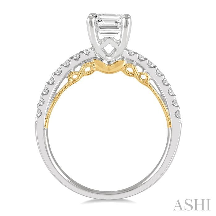 1/4 Ctw Emerald Shape Round Cut Diamond Semi-Mount Engagement Ring in 14K White and Yellow Gold