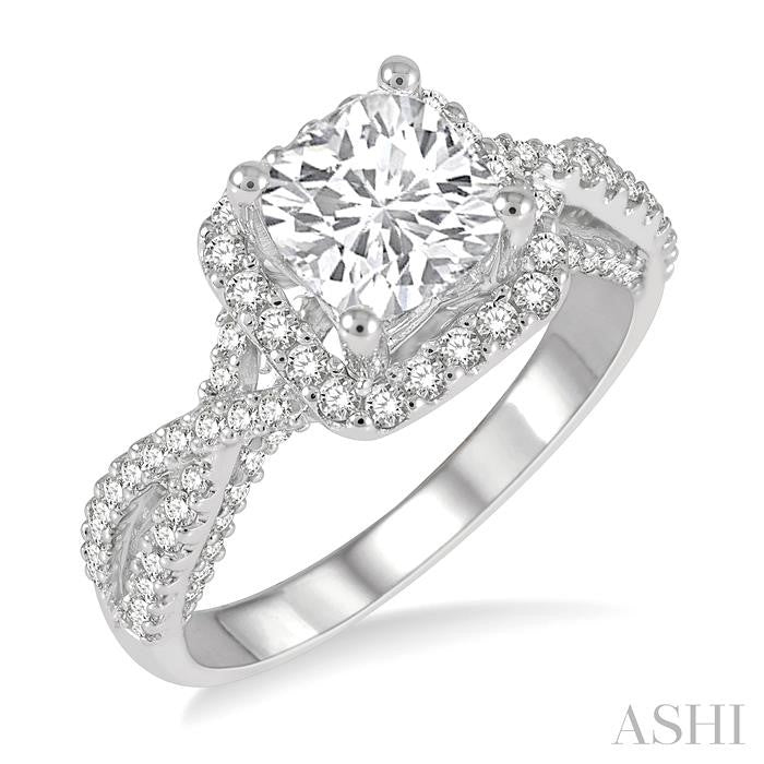 1/2 Ctw Cushion Shape Split Criss Cross Shank Round Cut Diamond Semi-Mount Engagement Ring in 14K White Gold