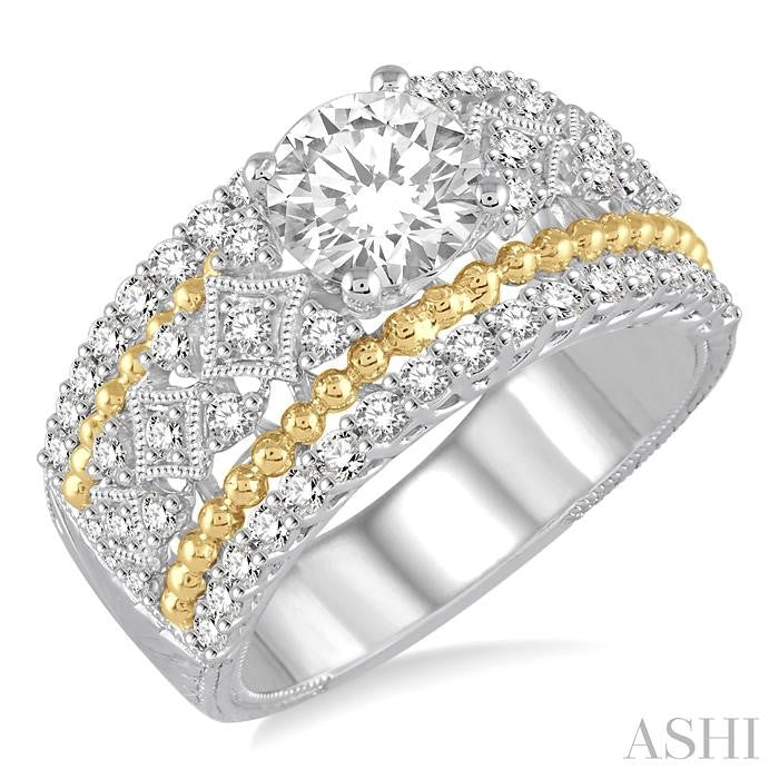 3/4 Ctw Round Cut Diamond Semi-Mount Engagement Ring in 14K White and Yellow Gold