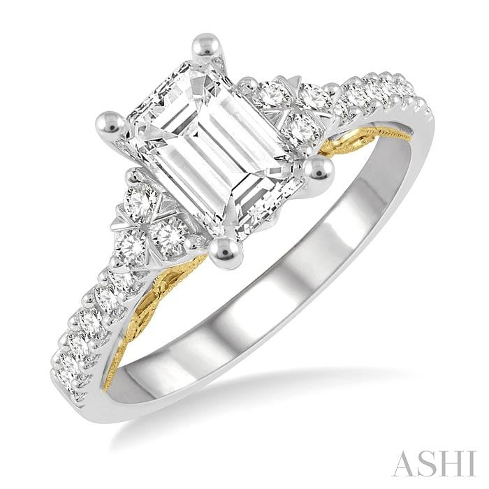 1/3 Ctw Tri Mount Emerald Shape Round Cut Diamond Semi-Mount Engagement Ring in 14K White and Yellow Gold