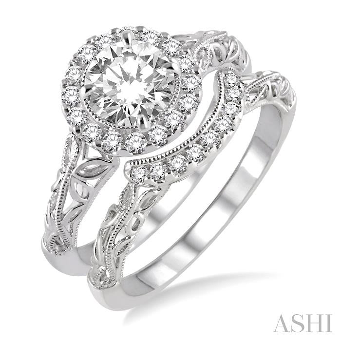 3/4 Ctw Diamond Wedding Set with 5/8 Ctw Round Cut Engagement Ring and 1/10 Ctw Wedding Band in 14K White Gold