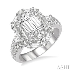 1 1/10 Ctw Hexagonal Shape Baguette and Round Cut Diamond Semi-Mount Engagement Ring in 14K White Gold