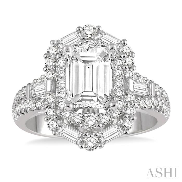 1 1/10 Ctw Hexagonal Shape Baguette and Round Cut Diamond Semi-Mount Engagement Ring in 14K White Gold