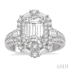 1 1/10 Ctw Hexagonal Shape Baguette and Round Cut Diamond Semi-Mount Engagement Ring in 14K White Gold
