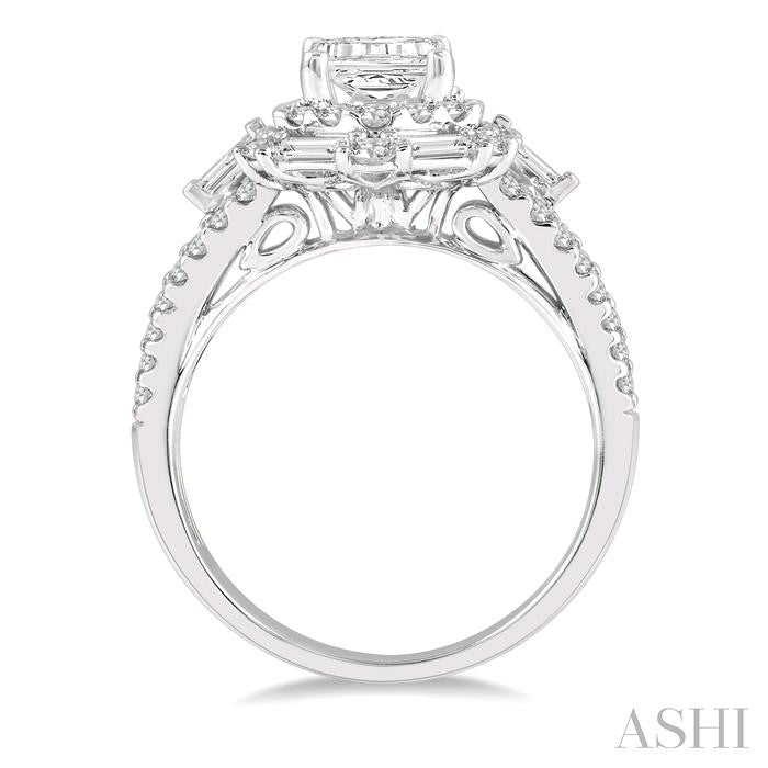 1 1/10 Ctw Hexagonal Shape Baguette and Round Cut Diamond Semi-Mount Engagement Ring in 14K White Gold
