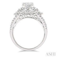 1 1/10 Ctw Hexagonal Shape Baguette and Round Cut Diamond Semi-Mount Engagement Ring in 14K White Gold