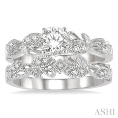 3/8 Ctw Leaf Lattice Diamond Wedding Set With 1/3 Ctw Round Cut Engagement Ring and 1/20 Ctw Wedding Band in 14K White Gold