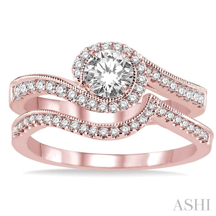 5/8 Ctw Diamond Wedding Set with 1/2 Ctw Round Cut Engagement Ring and 1/6 Ctw Wedding Band in 14K Rose Gold