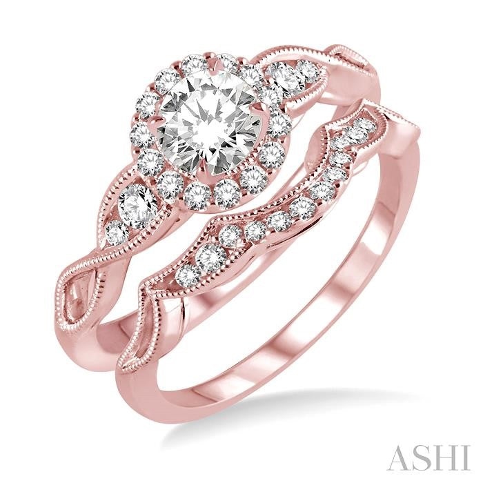 1/2 Ctw Diamond Wedding Set with 1/2 Ctw Round Cut Engagement Ring and 1/10 Ctw Wedding Band in 14K Rose Gold