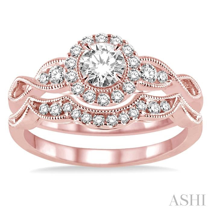 1/2 Ctw Diamond Wedding Set with 1/2 Ctw Round Cut Engagement Ring and 1/10 Ctw Wedding Band in 14K Rose Gold