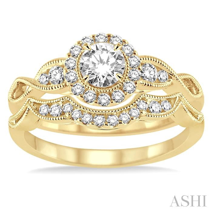 1/2 Ctw Diamond Wedding Set with 1/2 Ctw Round Cut Engagement Ring and 1/10 Ctw Wedding Band in 14K Yellow Gold