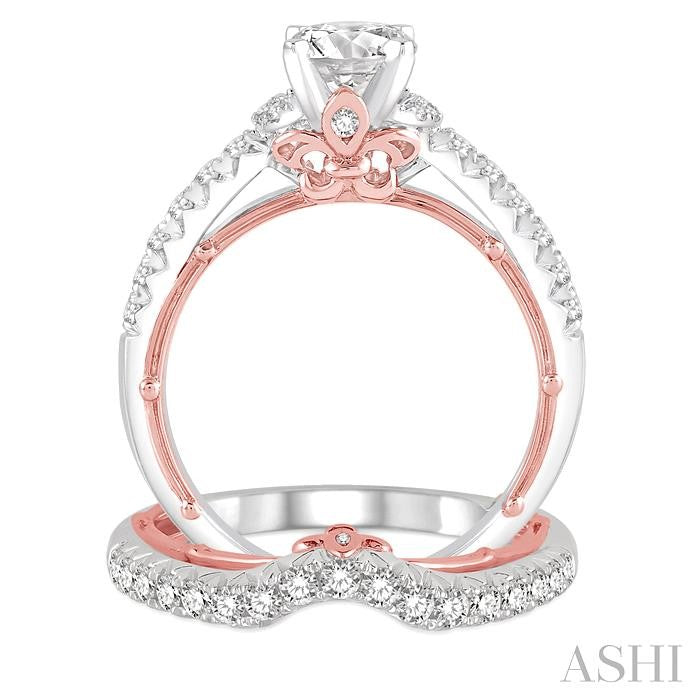 1 1/5 Ctw Diamond Wedding Set with 7/8 Ctw Round Cut Engagement Ring and 1/3 Ctw Wedding Band in 14K White and Rose Gold