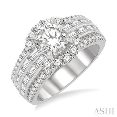 1 3/8 Ctw Wide Shank Baguette and Round Cut Diamond Semi-Mount Engagement Ring in 14K White Gold