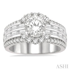 1 3/8 Ctw Wide Shank Baguette and Round Cut Diamond Semi-Mount Engagement Ring in 14K White Gold
