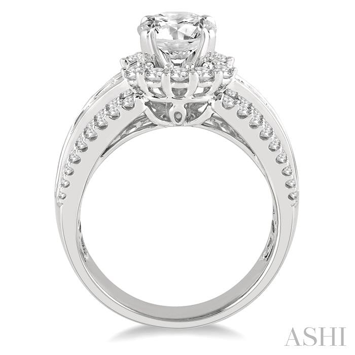1 3/8 Ctw Wide Shank Baguette and Round Cut Diamond Semi-Mount Engagement Ring in 14K White Gold