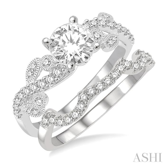 7/8 Ctw Diamond Wedding Set with 3/4 Ctw Round Cut Engagement Ring and 1/6 Ctw Wedding Band in 14K White Gold