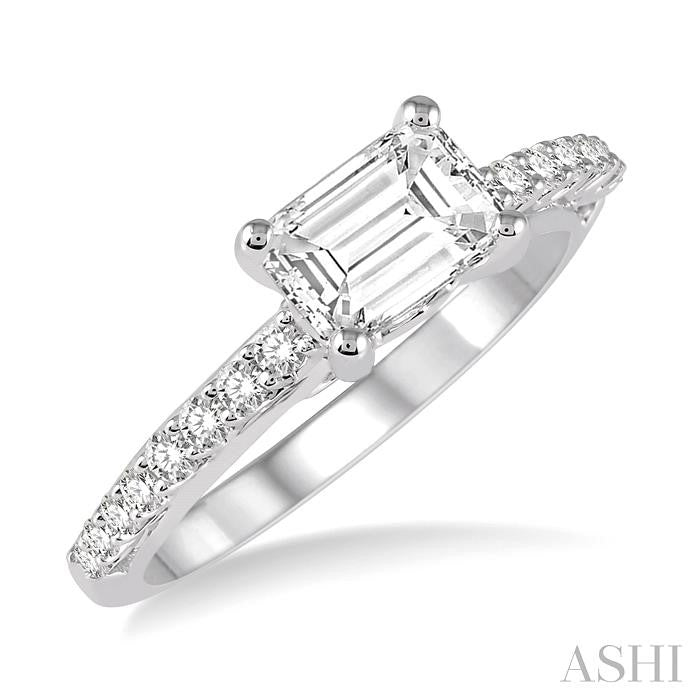 1/4 Ctw Emerald & Round Cut Diamond Semi-Mount Engagement Ring in 14K White Gold