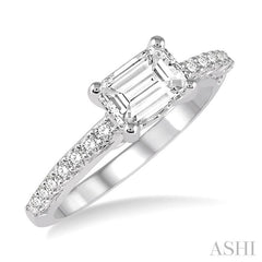 1/4 Ctw Emerald & Round Cut Diamond Semi-Mount Engagement Ring in 14K White Gold