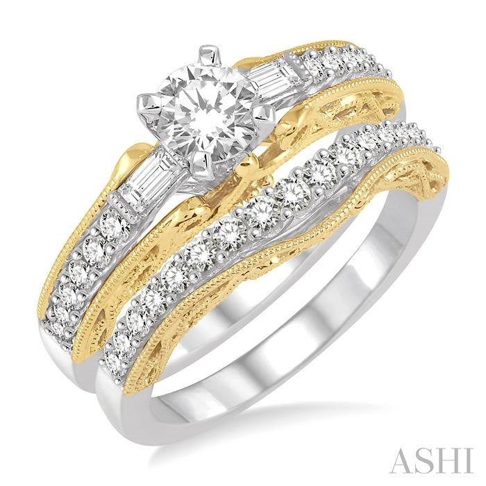 1 1/10 Ctw Diamond Wedding Set with 3/4 Ctw Round Cut Engagement Ring and 1/3 Ctw Wedding Band in 14K White and Yellow Gold