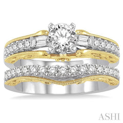 1 1/10 Ctw Diamond Wedding Set with 3/4 Ctw Round Cut Engagement Ring and 1/3 Ctw Wedding Band in 14K White and Yellow Gold