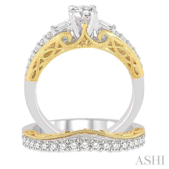 1 1/10 Ctw Diamond Wedding Set with 3/4 Ctw Round Cut Engagement Ring and 1/3 Ctw Wedding Band in 14K White and Yellow Gold