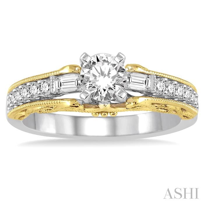 3/4 Ctw Diamond Engagement Ring with 1/2 Ct Round Cut Center Stone in 14K White and Yellow Gold