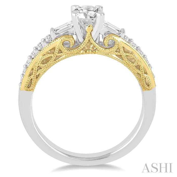 3/4 Ctw Diamond Engagement Ring with 1/2 Ct Round Cut Center Stone in 14K White and Yellow Gold