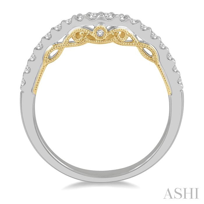 1/3 Ctw Milgrain Gallery Chevron Round Cut Diamond Wedding Band in 14K White and Yellow Gold