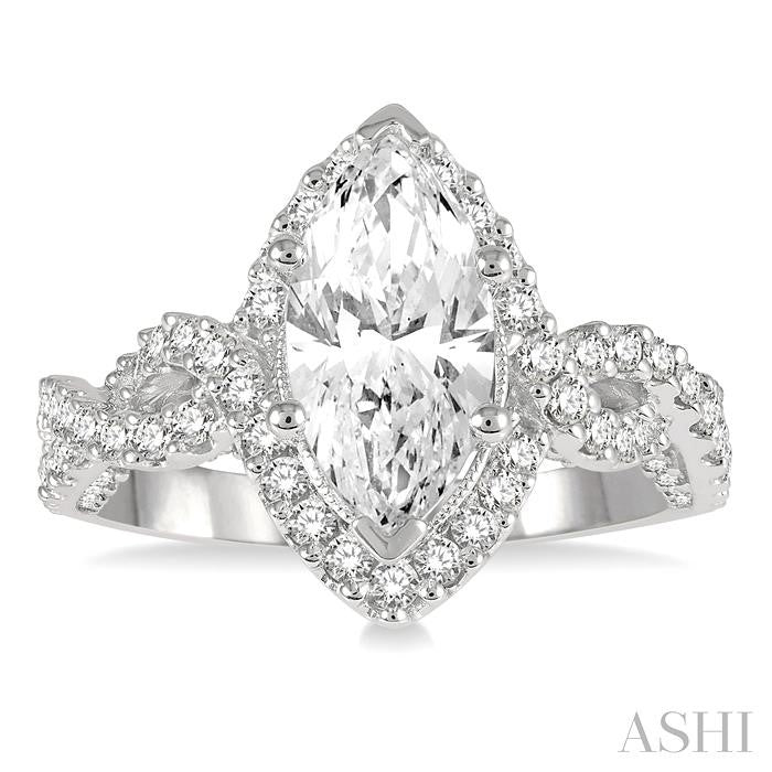 3/4 Ctw Split Entwined Shank Marquise Shape Center Round Cut Diamond Semi-Mount Engagement Ring in 14K White Gold
