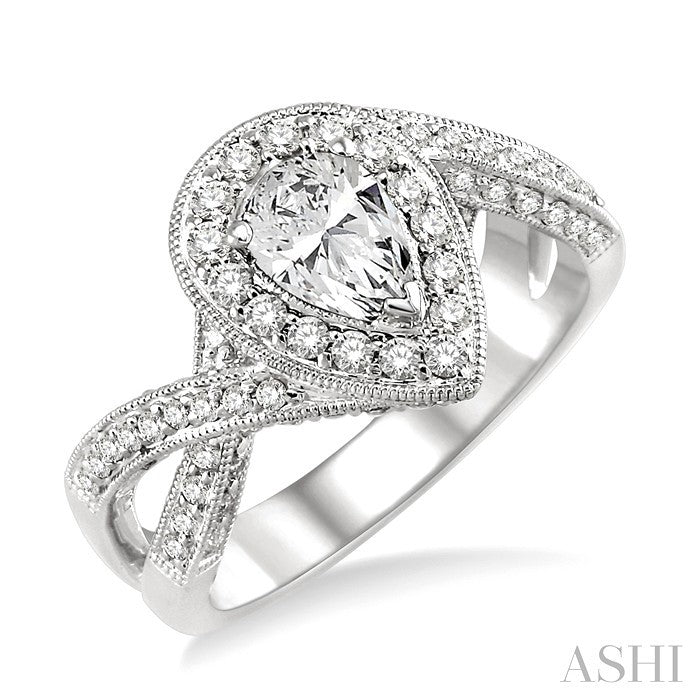3/4 Ctw Pear Shape Twisted Split Shank Semi-Mount Round Cut Diamond Engagement Ring in 14K White Gold