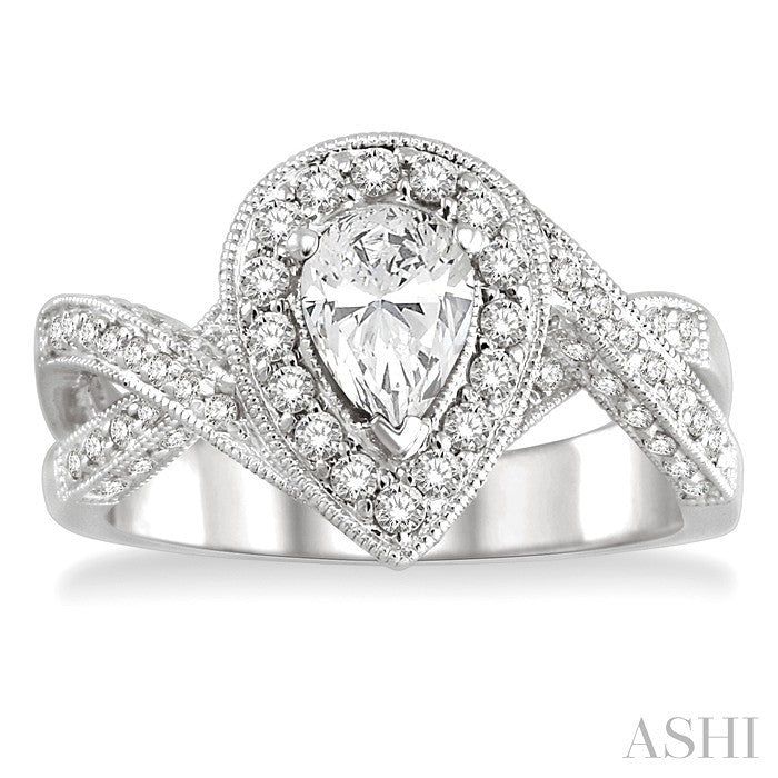3/4 Ctw Pear Shape Twisted Split Shank Semi-Mount Round Cut Diamond Engagement Ring in 14K White Gold