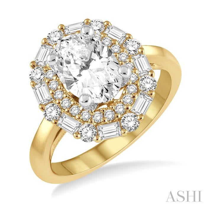3/4 Ctw Oval Shape Baguette and Round Cut Diamond Semi-Mount Engagement Ring in 14K Yellow and White Gold