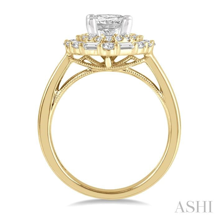 3/4 Ctw Oval Shape Baguette and Round Cut Diamond Semi-Mount Engagement Ring in 14K Yellow and White Gold