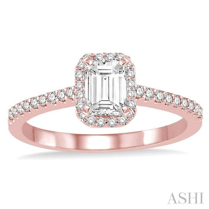 5/8 Ctw Diamond Engagement Ring with 1/3 Ct Octagon Shaped Center stone in 14K Rose Gold