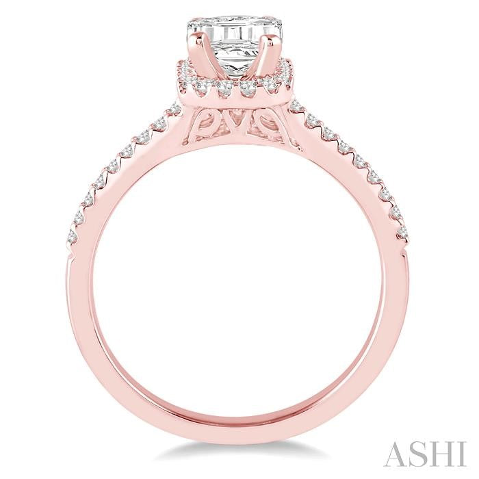 5/8 Ctw Diamond Engagement Ring with 1/3 Ct Octagon Shaped Center stone in 14K Rose Gold
