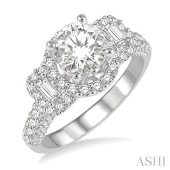 7/8 Ctw Circular Tri-Mount Baguette and Round Cut Diamond Semi-Mount Engagement Ring in 14K White Gold