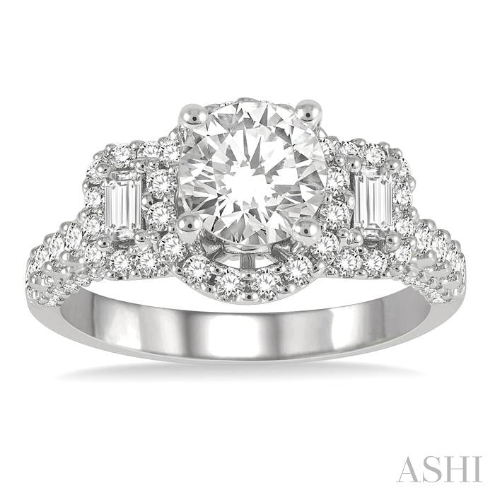 7/8 Ctw Circular Tri-Mount Baguette and Round Cut Diamond Semi-Mount Engagement Ring in 14K White Gold