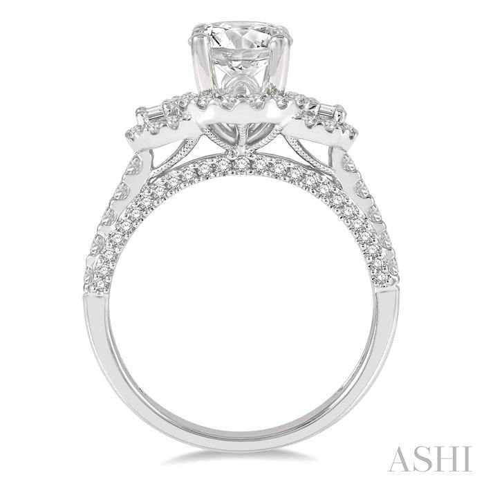 7/8 Ctw Circular Tri-Mount Baguette and Round Cut Diamond Semi-Mount Engagement Ring in 14K White Gold
